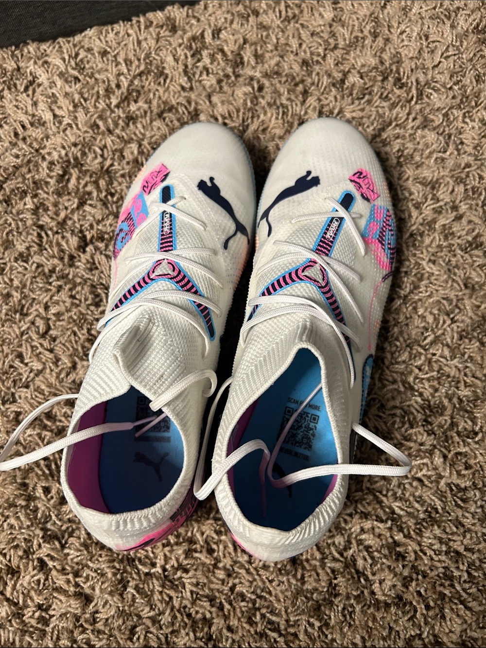 Puma White Soccer Cleats with Pink and Blue Accents